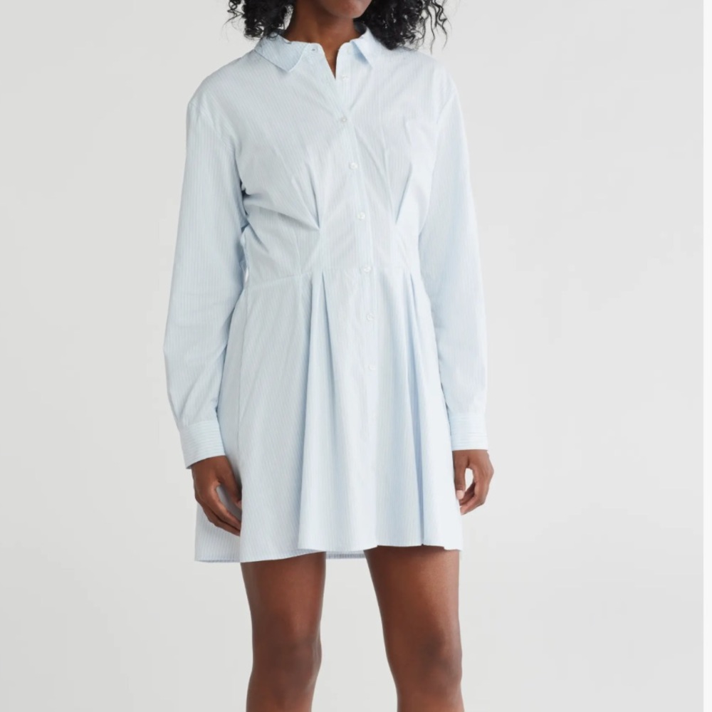 Women Light Blue Striped Collard Button Up Pleated Sinched Dress, size L